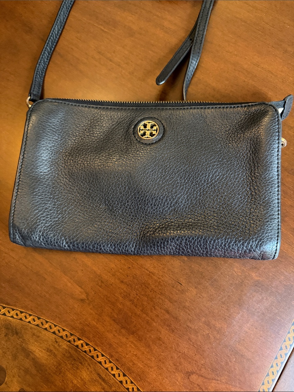 Tory Burch Black Pebbled Leather Crossbody Bag with Gold Logo